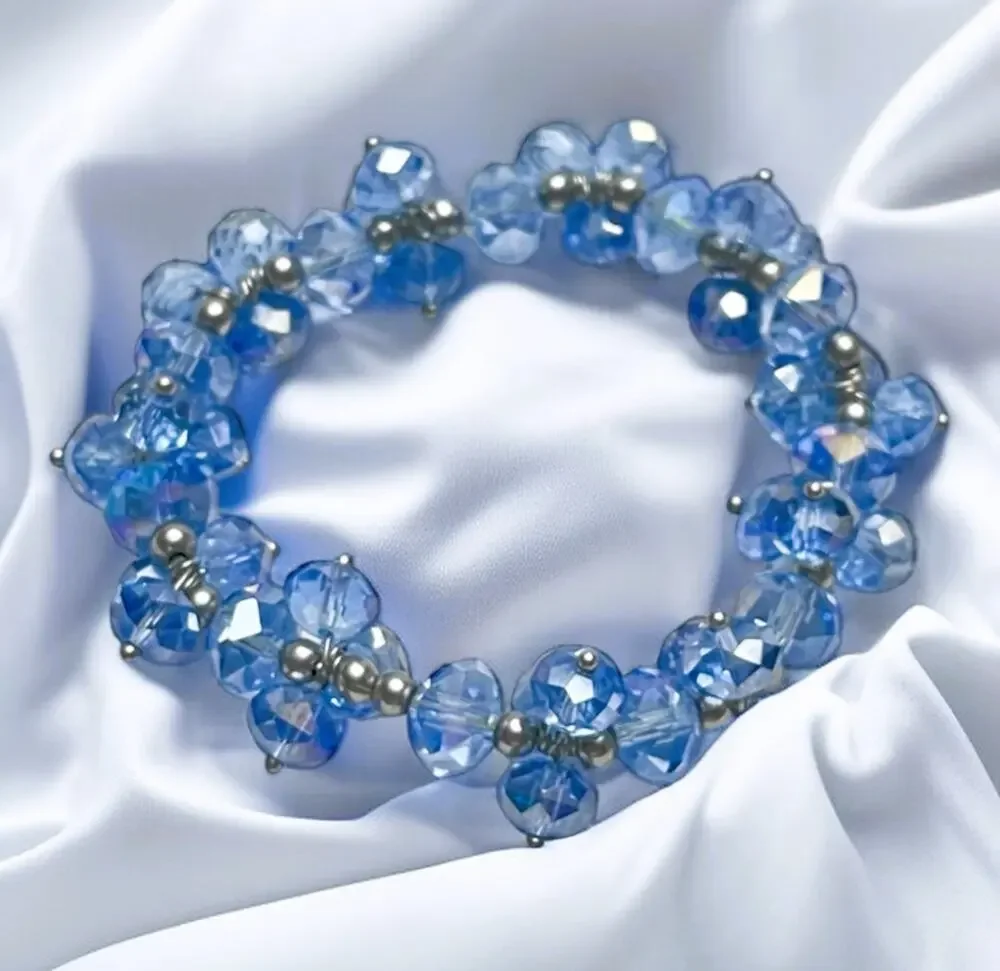 Vintage Ice Blue Cluster Crystal Glass Iridescent Beads & Silver Balls Bracelet